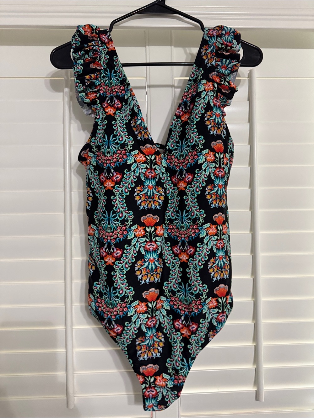 Jessica Simpson Girls' Black Floral One-Piece Swimsuit with Teal & Coral Accents